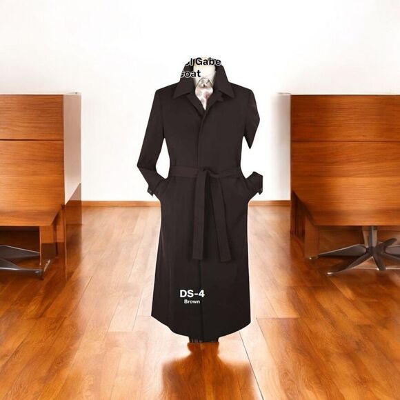 MEN'S BLACK DIAMOND 100% WOOL GABERDINE FULL LENGTH BROWN DUSTER COAT DS-4. - Picture 1 of 2